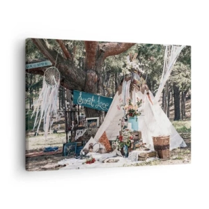 Impression sur toile - Image sur toile - Décoration bohème avec un tipi dans la forêt - 70x50cm - Make love… - Décoration murale moderne pour le salon et la chambre ARTTOR