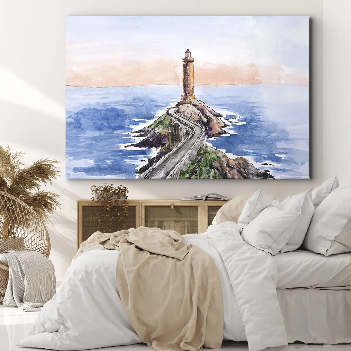 Impression sur toile - Image sur toile - Un phare sur un rivage rocheux - 120x80cm - Face à la mer - Décoration murale moderne pour le salon et la chambre ARTTOR