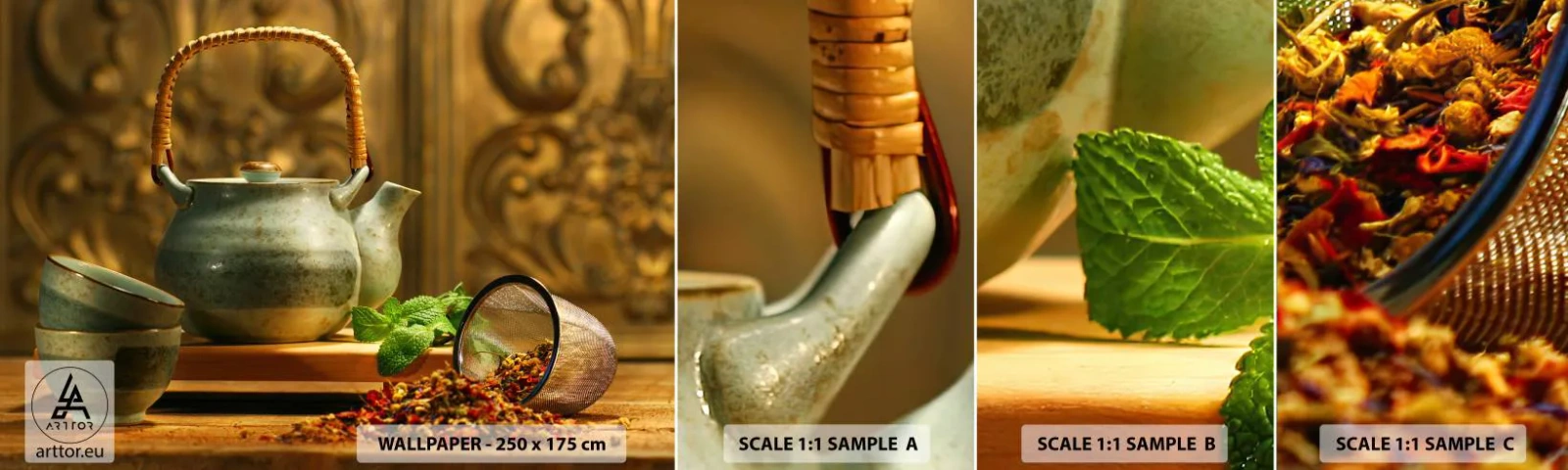 Échantillon de Papier Peint Autocollant Deluxe Sticker - Un traité sur la consommation de thé - La gastronomie, Thé, Herbes séchées - 100x30 cm