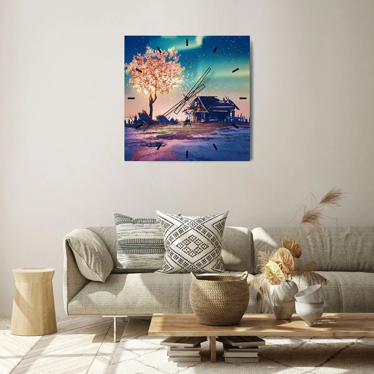Horloge murale - Pendule murale - Une maison et un arbre en fleurs sous le ciel nocturne - 30x30cm - La nature ne passe pas - Décoration murale moderne pour le salon et la chambre ARTTOR