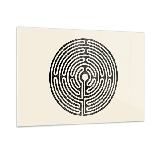 Impression sur verre - Image sur verre - Un labyrinthe noir et blanc de forme circulaire sur fond clair. - 120x80cm - Ordre mystérieux - Décoration murale moderne pour le salon et la chambre ARTTOR