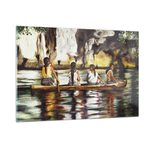 Impression sur verre - Image sur verre - Femmes dans un bateau sur fond de rochers et d'eau pittoresques - 120x80cm - Dans un paradis polynésien - Décoration murale moderne pour le salon et la chambre ARTTOR