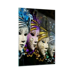 Impression sur verre - Image sur verre - Masques vénitiens colorés en rangée - 50x70cm - Mystère en or et argent - Décoration murale moderne pour le salon et la chambre ARTTOR