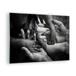 Impression sur verre - Image sur verre - Poignée de main symbolique en noir et blanc de différentes générations - 70x50cm - Être humain - Décoration murale moderne pour le salon et la chambre ARTTOR
