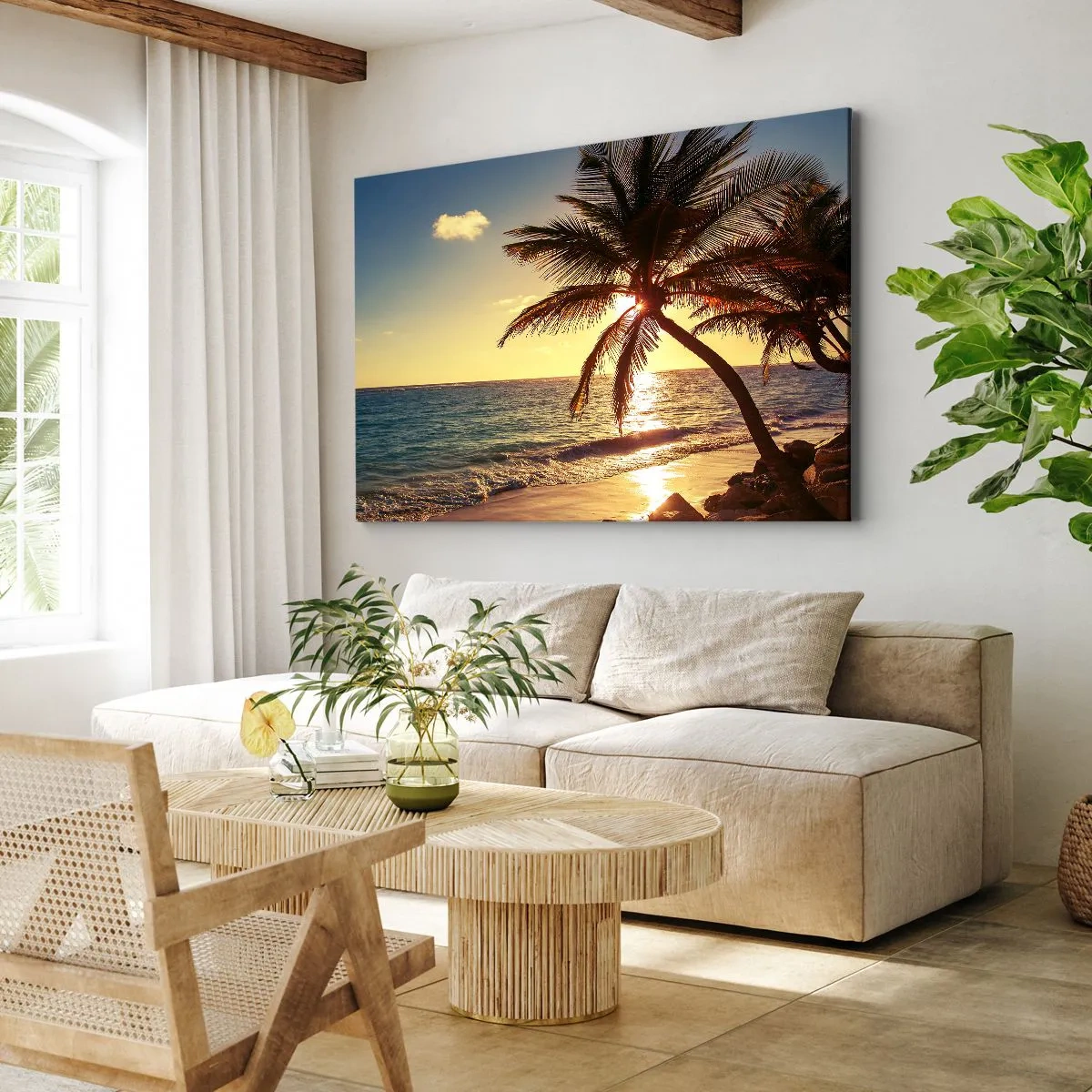 Impression sur toile - Image sur toile - Coucher de soleil tropical sur une plage avec des palmiers - 120x80cm - L'été sous les palmiers - Décoration murale moderne pour le salon et la chambre ARTTOR