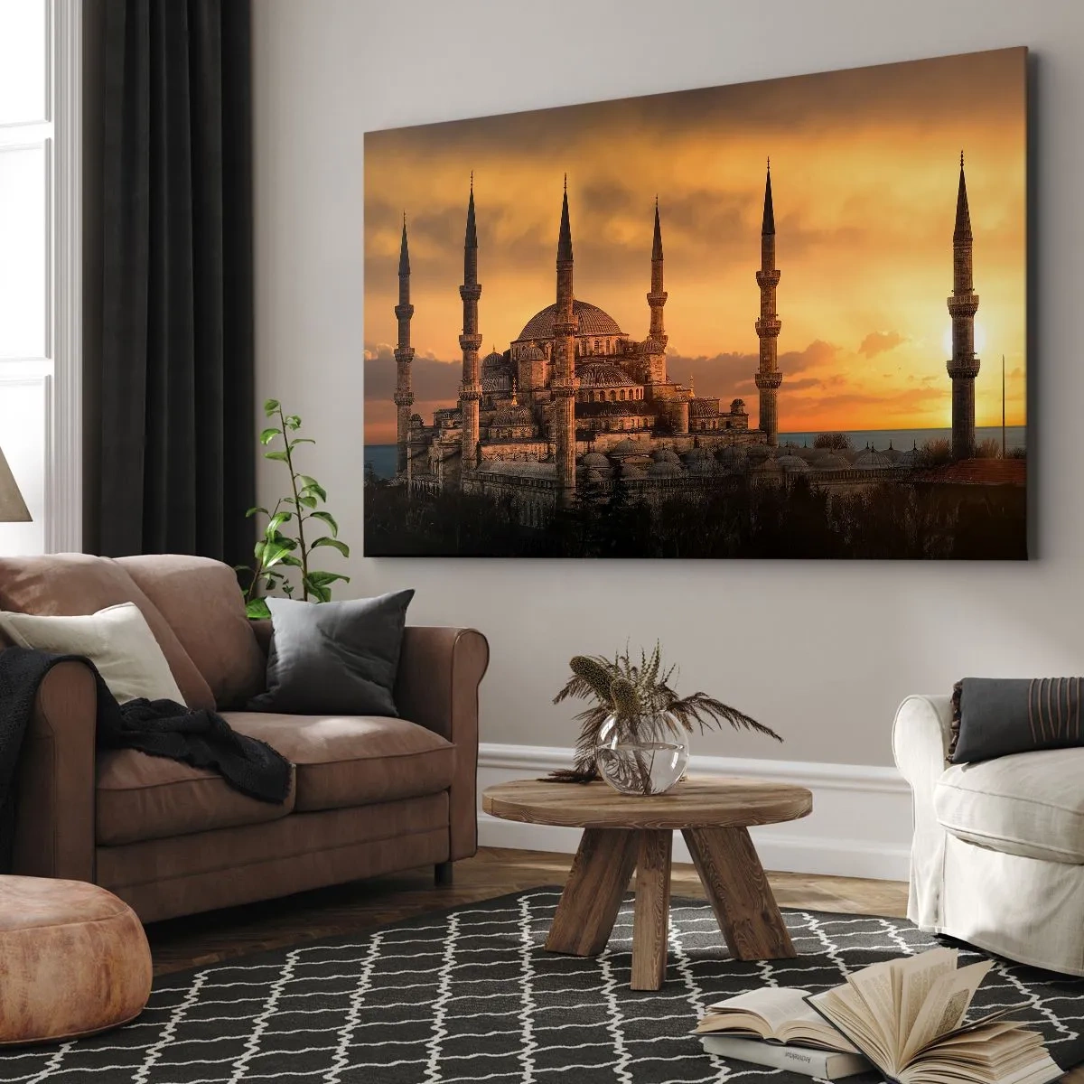 Impression sur toile - Image sur toile - La mosquée au coucher du soleil aux couleurs chaudes - 70x50cm - Dieu est grand - Décoration murale moderne pour le salon et la chambre ARTTOR