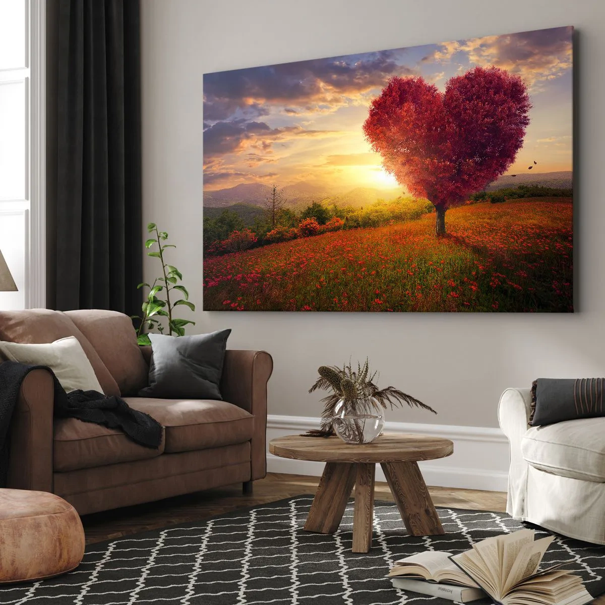 Impression sur toile - Image sur toile - Arbre en forme de cœur au coucher du soleil - 120x80cm - Touche le cœur - Décoration murale moderne pour le salon et la chambre ARTTOR