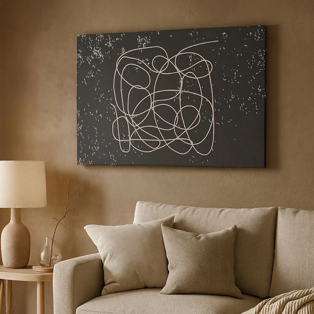 Impression sur toile - Image sur toile - Ligne abstraite sur fond noir avec des détails fins - 70x50cm - Errance des pensées - Décoration murale moderne pour le salon et la chambre ARTTOR