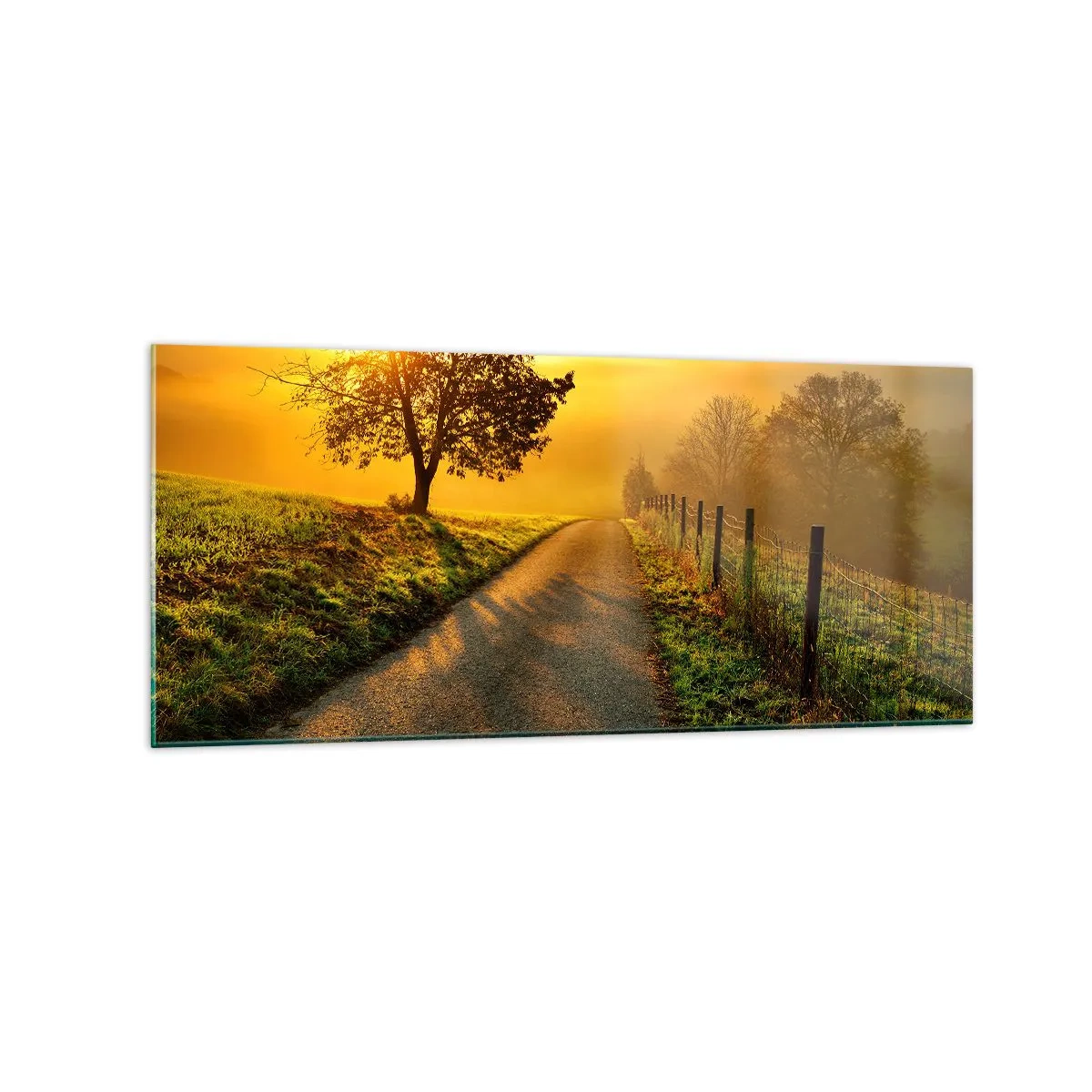 Impression sur verre - Image sur verre - Une route pittoresque au coucher du soleil avec un arbre solitaire en arrière-plan - 120x50cm - Après-midi de miel - Décoration murale moderne pour le salon et la chambre ARTTOR