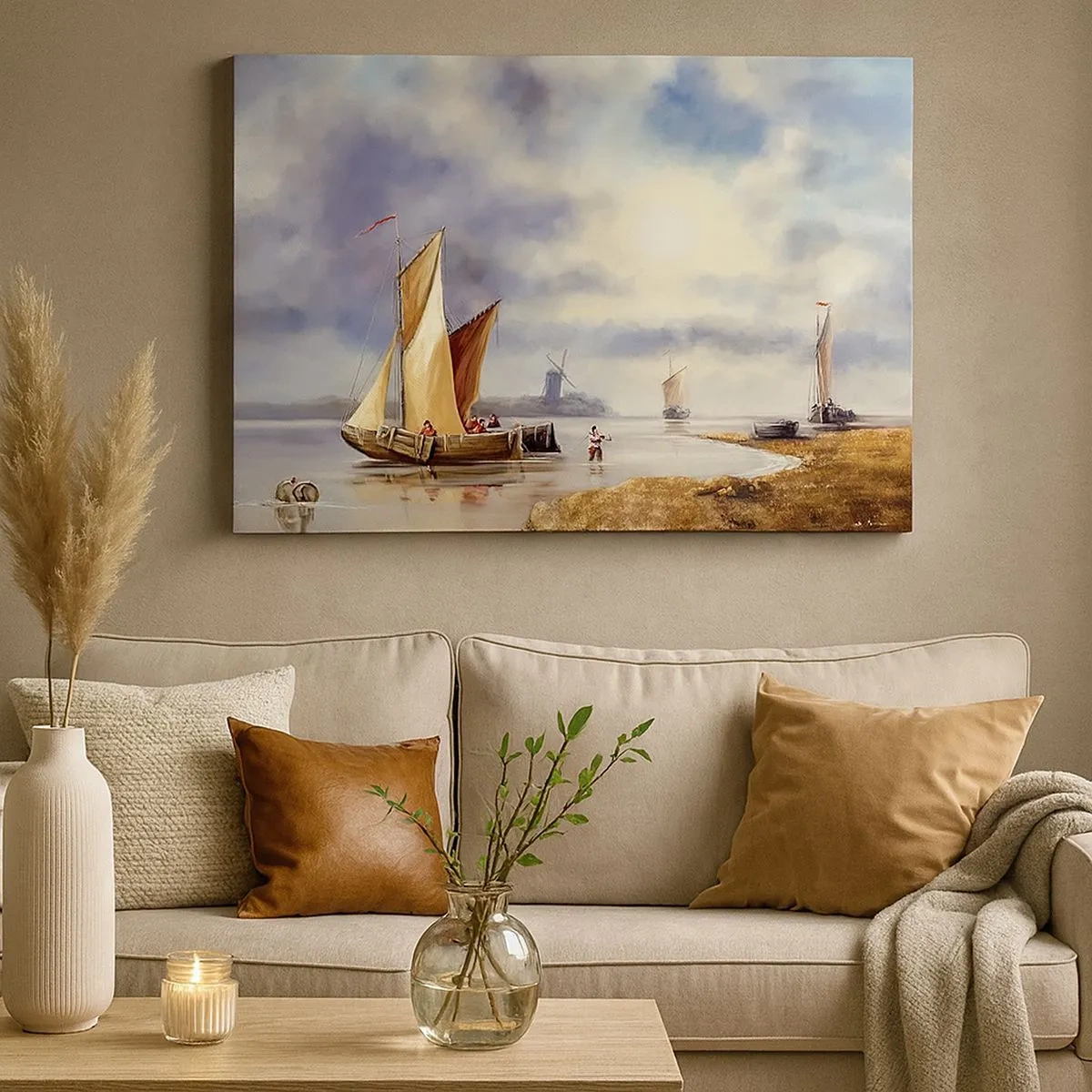 Impression sur toile - Image sur toile - Voiliers sur une eau calme avec des moulins à vent en arrière-plan - 70x50cm - Retour de marin - Décoration murale moderne pour le salon et la chambre ARTTOR