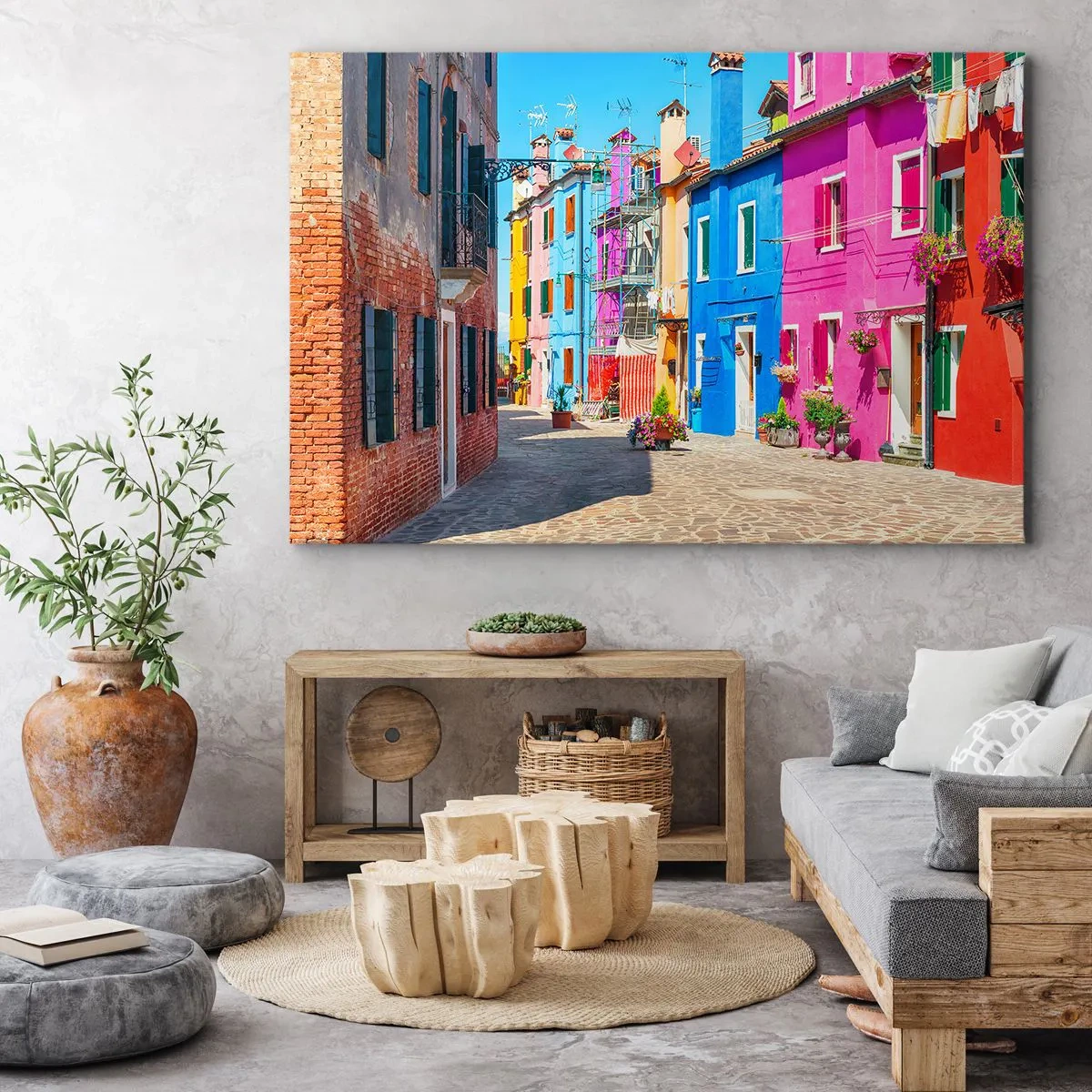 Impression sur toile - Image sur toile - Bâtiments colorés dans une rue étroite de la ville - 70x50cm - Ville "Sous les perroquets" - Décoration murale moderne pour le salon et la chambre ARTTOR