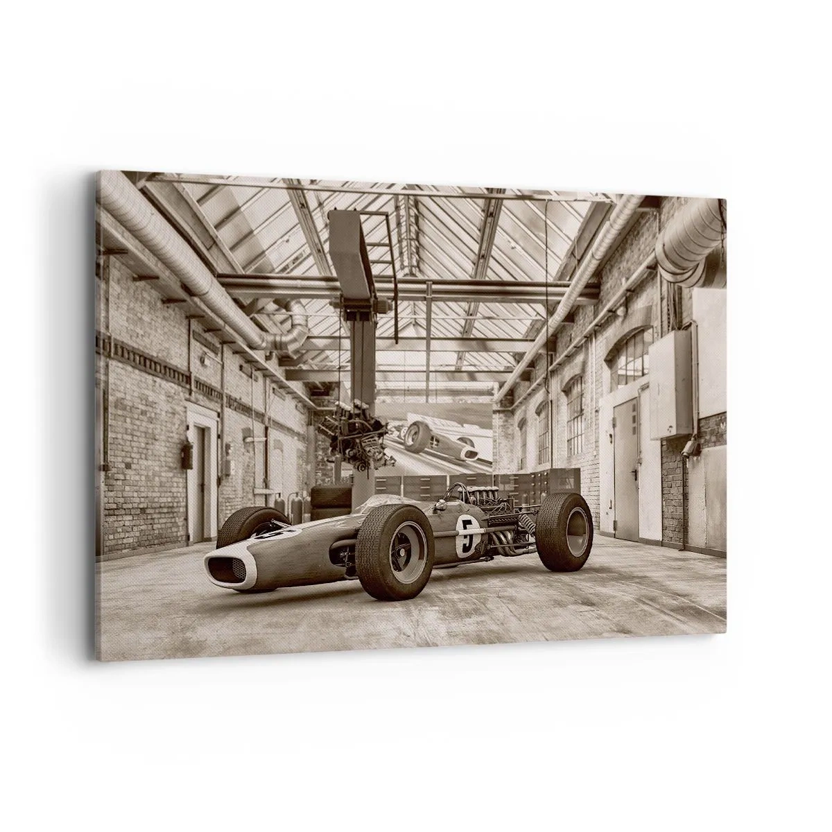 Impression sur toile - Image sur toile - Voiture de course noire et blanche dans un intérieur industriel - 100x70cm - Le repos du guerrier - Décoration murale moderne pour le salon et la chambre ARTTOR