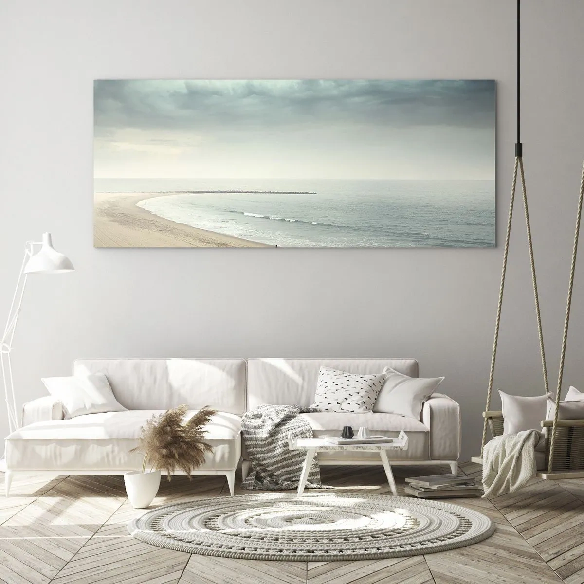 Impression sur verre - Image sur verre - Une silhouette solitaire sur une plage déserte au bord d'une mer calme - 160x50cm - à la recherche de la paix - Décoration murale moderne pour le salon et la chambre ARTTOR