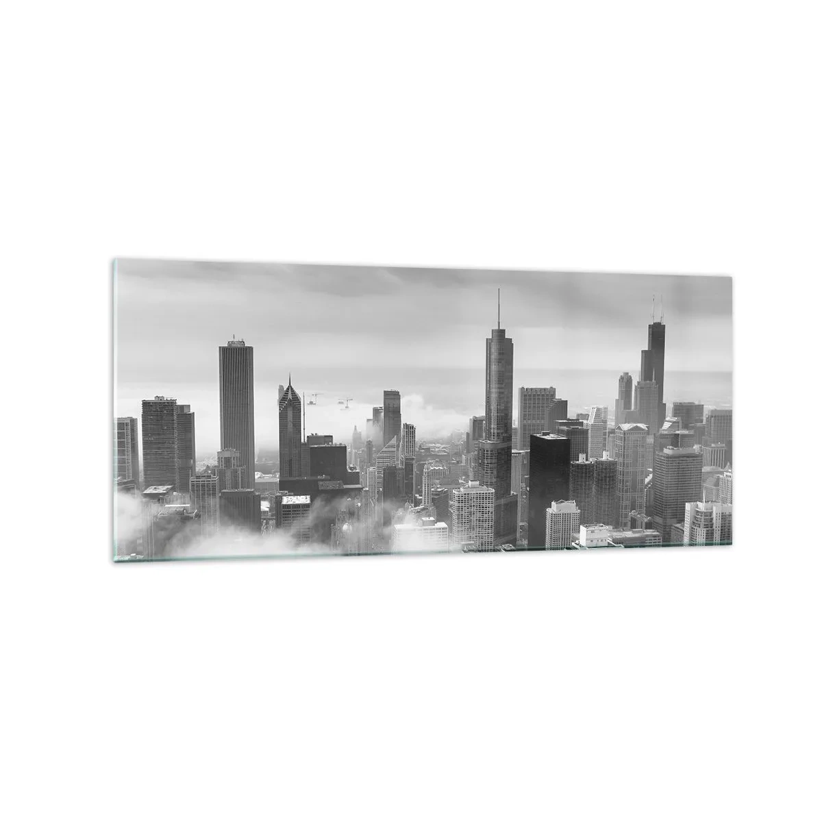 Impression sur verre - Image sur verre - Panorama de la ville avec des gratte-ciels dans les nuages en noir et blanc - 120x50cm - Paysage américain - Décoration murale moderne pour le salon et la chambre ARTTOR