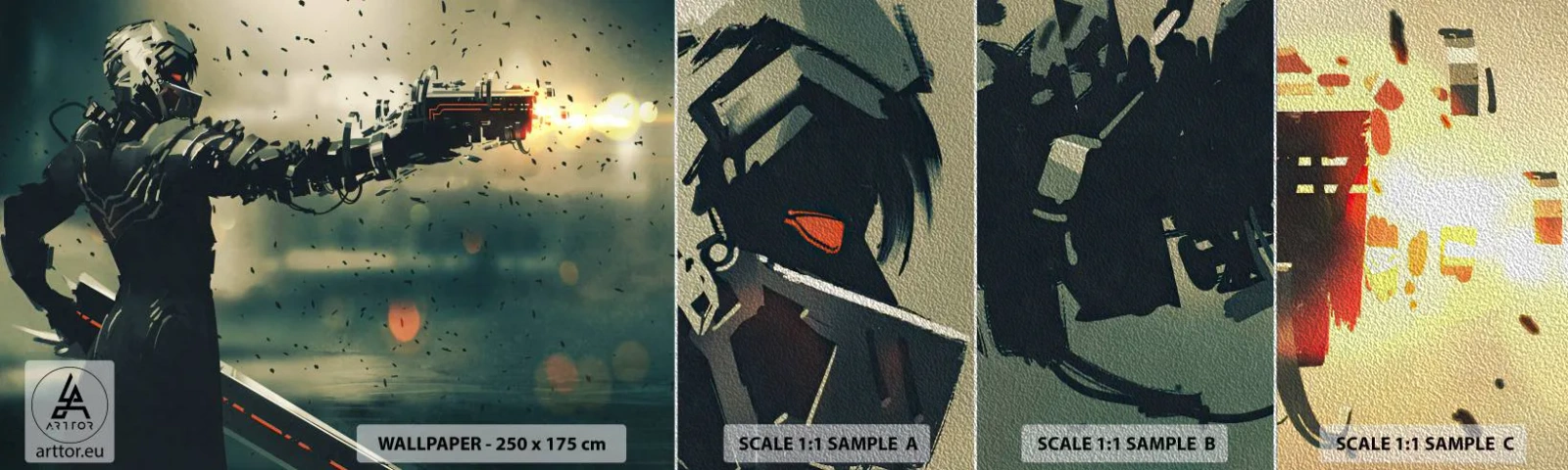 Échantillon de Papier Peint Premium Sand - L'arme fatale - Votre propre Terminator - Abstraction, Fantaisie, Futur guerrier - 100x30 cm