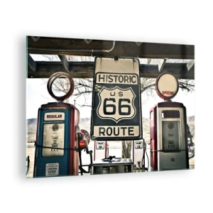Impression sur verre - Image sur verre - Pompes à essence vintage et panneau de la Route 66 - 70x50cm - Voyage rétro américain - Décoration murale moderne pour le salon et la chambre ARTTOR