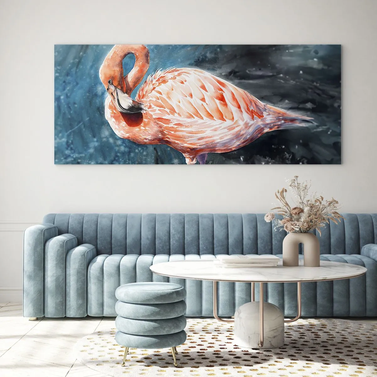 Impression sur verre - Image sur verre - Un flamant rose sur un fond bleu aquarelle - 120x50cm - Décoratif par nature - Décoration murale moderne pour le salon et la chambre ARTTOR