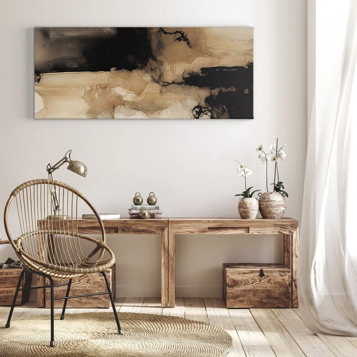 Impression sur toile - Image sur toile - Composition abstraite dans les tons de marron et de noir - 140x50cm - Une abstraction intrigante - Décoration murale moderne pour le salon et la chambre ARTTOR