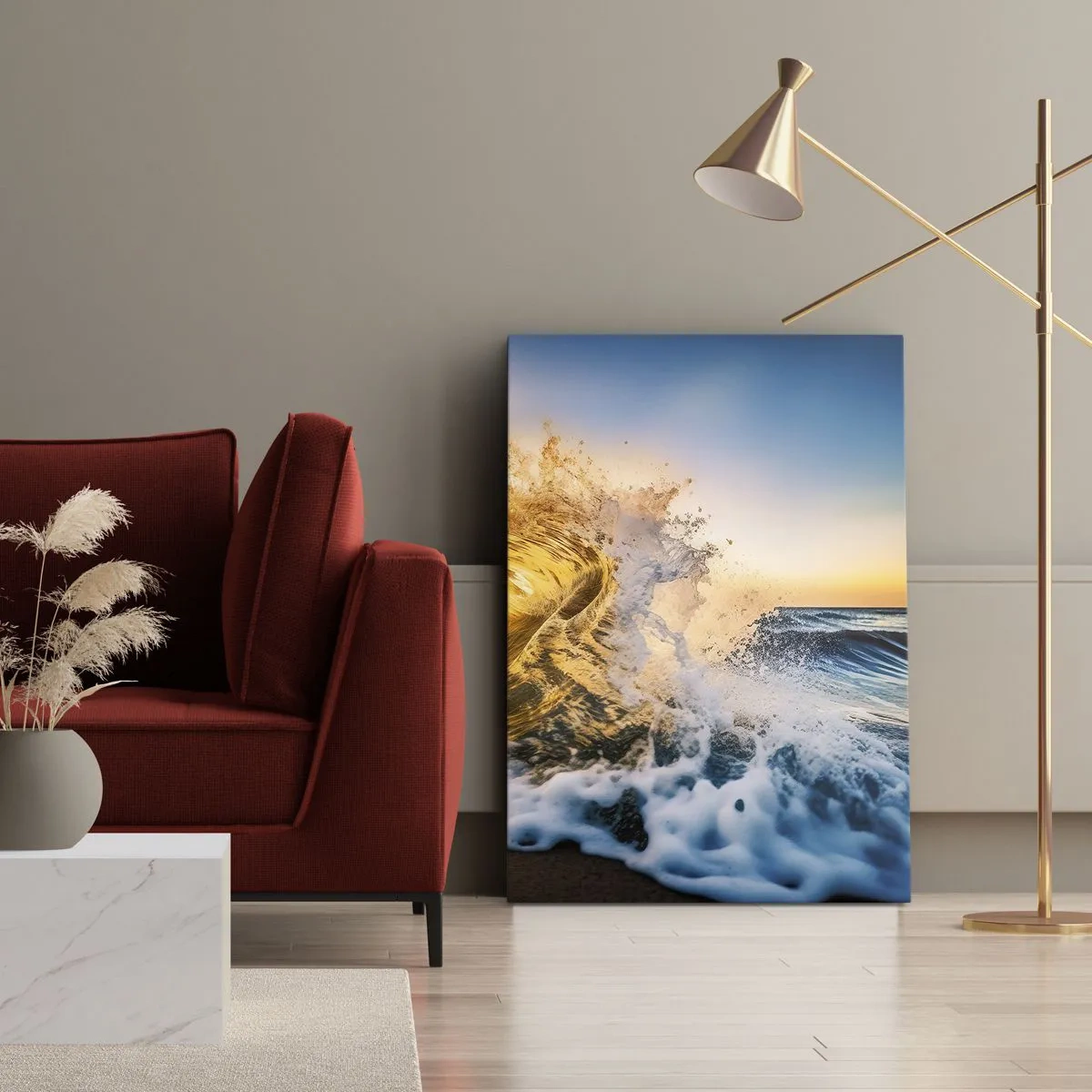 Impression sur toile - Image sur toile - Une vague dorée sur fond de soleil couchant - 50x70cm - S'amuser dans le sable - Décoration murale moderne pour le salon et la chambre ARTTOR