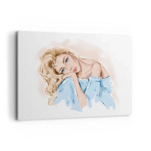 Impression sur toile - Image sur toile - Portrait d'une femme en robe bleue aux cheveux blonds - 100x70cm - Rêveuse en bleu - Décoration murale moderne pour le salon et la chambre ARTTOR