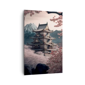 Impression sur toile - Image sur toile - Un temple japonais entouré de cerisiers en fleurs et de montagnes - 80x120cm - Le pays des cerisiers en fleurs - Décoration murale moderne pour le salon et la chambre ARTTOR