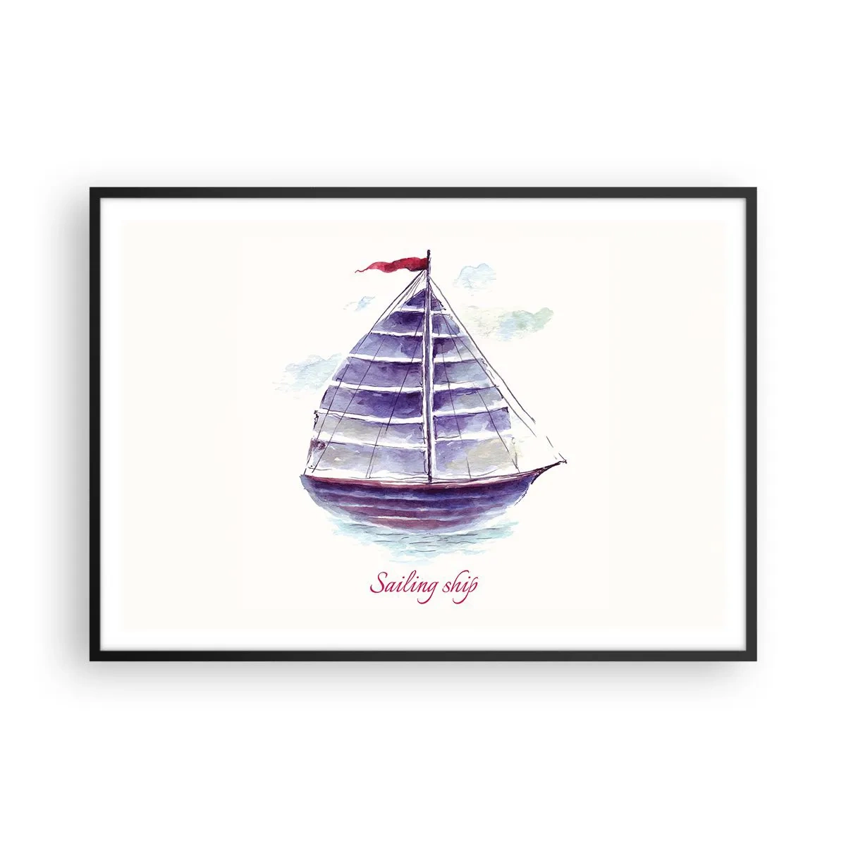Affiche dans un cadre noir - Poster - Une aquarelle représentant un voilier sur l'eau avec une inscription délicate - 100x70cm - Plein de voiles et d’eau calme - Décoration murale moderne pour le salon et la chambre ARTTOR
