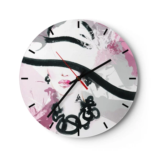 Horloge murale - Pendule murale - Un portrait élégant d'une femme dans un style noir et rose - 30x30cm - Portrait d'une dame en noir et rose - Décoration murale moderne pour le salon, la cuisine et la chambre ARTTOR