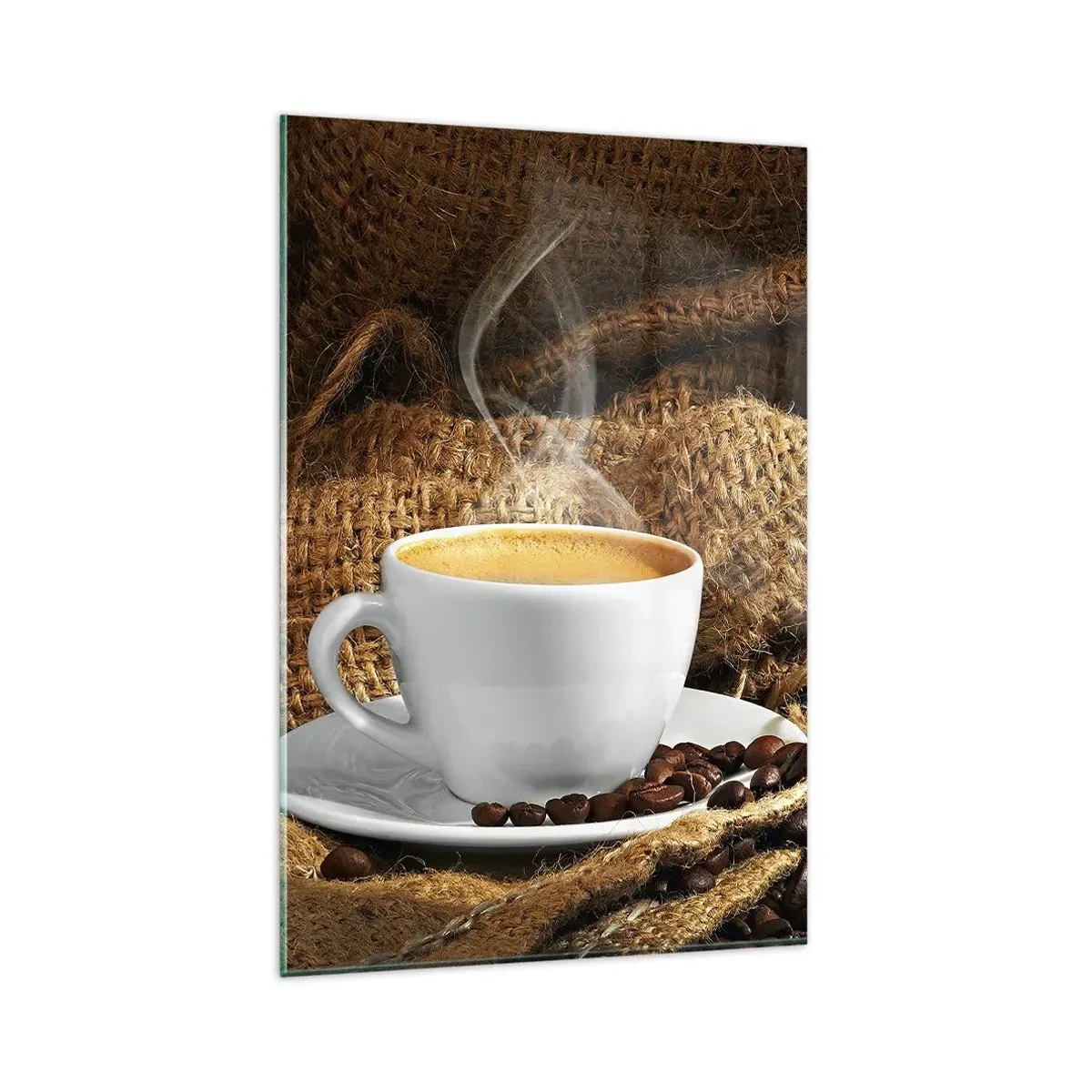 Impression sur verre - Image sur verre - Une tasse de café entourée d'un sac de grains de café - 80x120cm - L'odeur du moka et la densité du miel liquide - Décoration murale moderne pour le salon et la chambre ARTTOR
