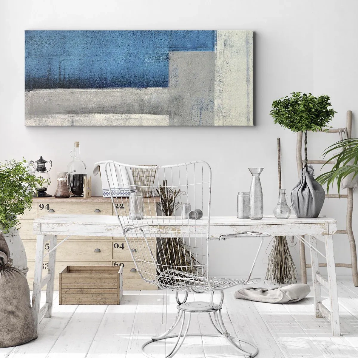 Impression sur toile - Image sur toile - Une composition abstraite avec des nuances de bleu, de gris et de blanc. - 140x50cm - Une composition poétique de gris et de bleu - Décoration murale moderne pour le salon et la chambre ARTTOR