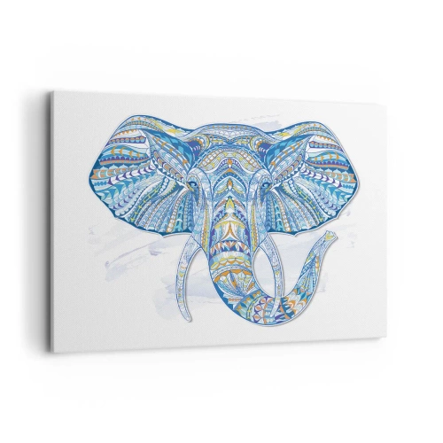 Impression sur toile - Image sur toile - Éléphant géométrique dans les tons bleu et or - 100x70cm - Incrusté d'or et de bleu ciel - Décoration murale moderne pour le salon et la chambre ARTTOR