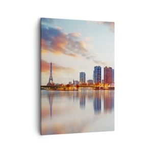 Impression sur toile - Image sur toile - Panorama des bâtiments modernes et de la Tour Eiffel au-dessus de l'eau - 50x70cm - La tranquillité monumentale de Paris - Décoration murale moderne pour le salon et la chambre ARTTOR