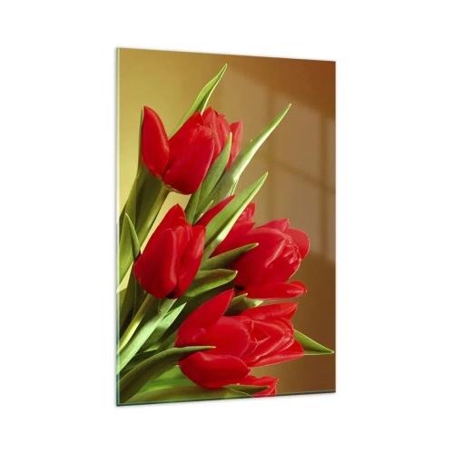 Impression sur verre - Image sur verre - Un bouquet de tulipes rouges sur fond doré avec des feuilles vertes. - 80x120cm - Amas de joie printanière - Décoration murale moderne pour le salon et la chambre ARTTOR