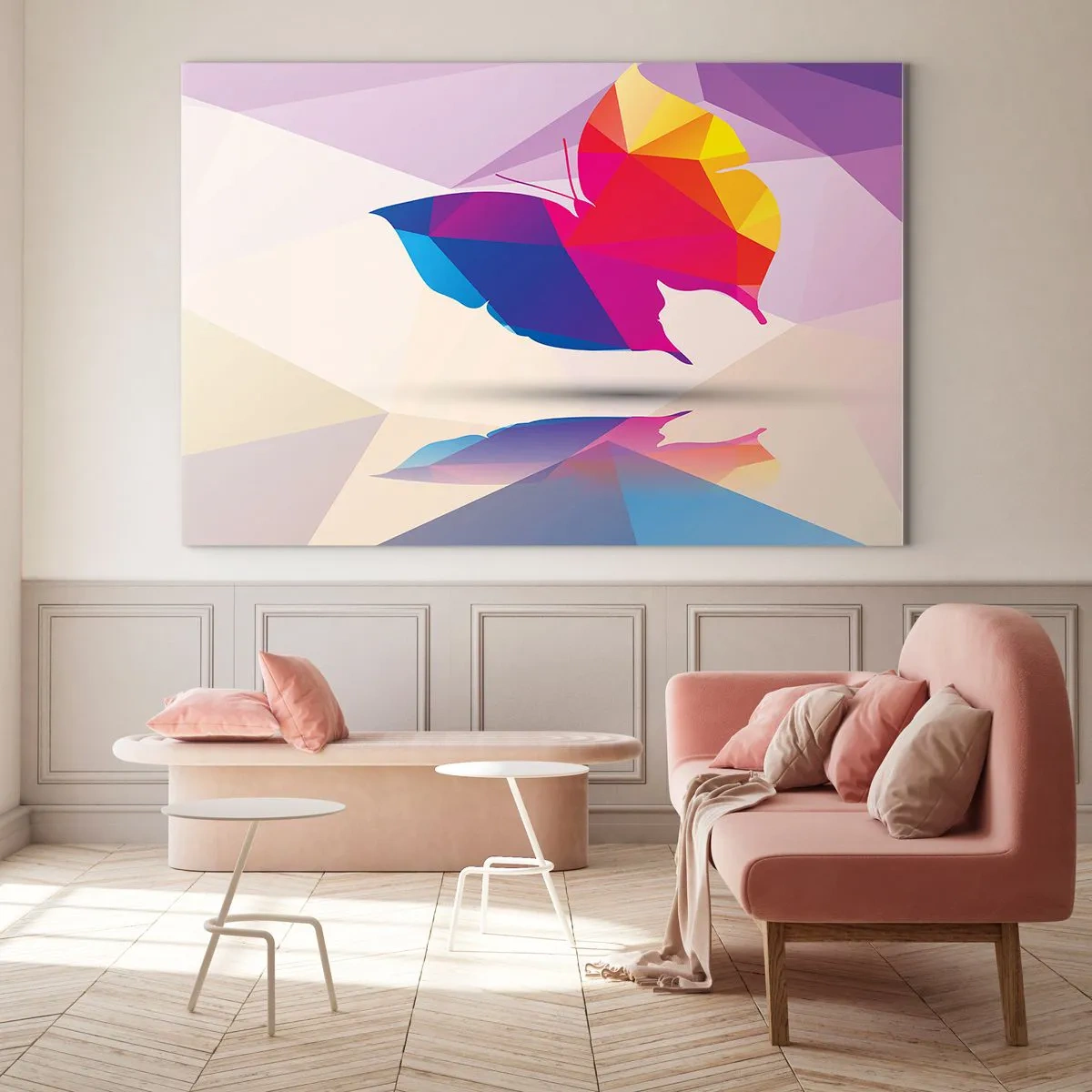 Impression sur verre - Image sur verre - Papillon géométrique dans une abstraction colorée et lumineuse - 70x50cm - Papillon arc-en-ciel - Décoration murale moderne pour le salon et la chambre ARTTOR
