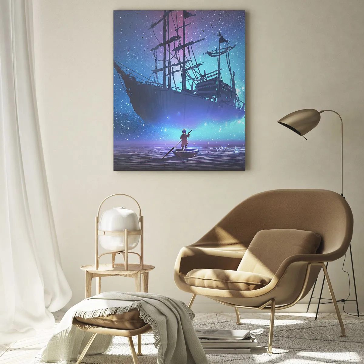 Impression sur verre - Image sur verre - Un navire de nuit flottant au-dessus de l'eau dans une aura magique - 50x70cm - A la rencontre du mythe de la mer - Décoration murale moderne pour le salon et la chambre ARTTOR