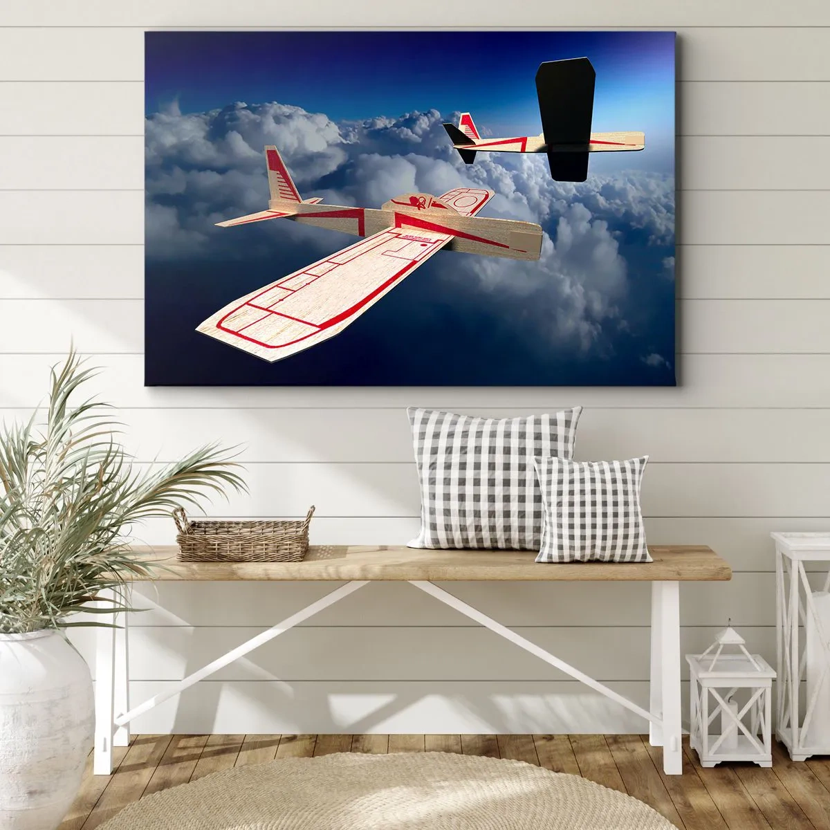 Impression sur toile - Image sur toile - Deux avions en bois planant au-dessus des nuages contre un ciel bleu. - 70x50cm - Encore plus haut, encore plus loin - Décoration murale moderne pour le salon et la chambre ARTTOR