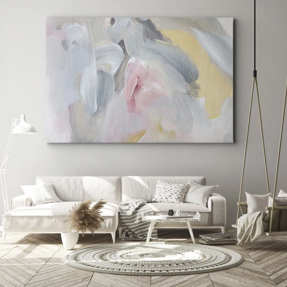 Impression sur toile - Image sur toile - Coups de pastel abstraits dans des tons de rose et de gris. - 70x50cm - Dans un monde pastel - Décoration murale moderne pour le salon et la chambre ARTTOR