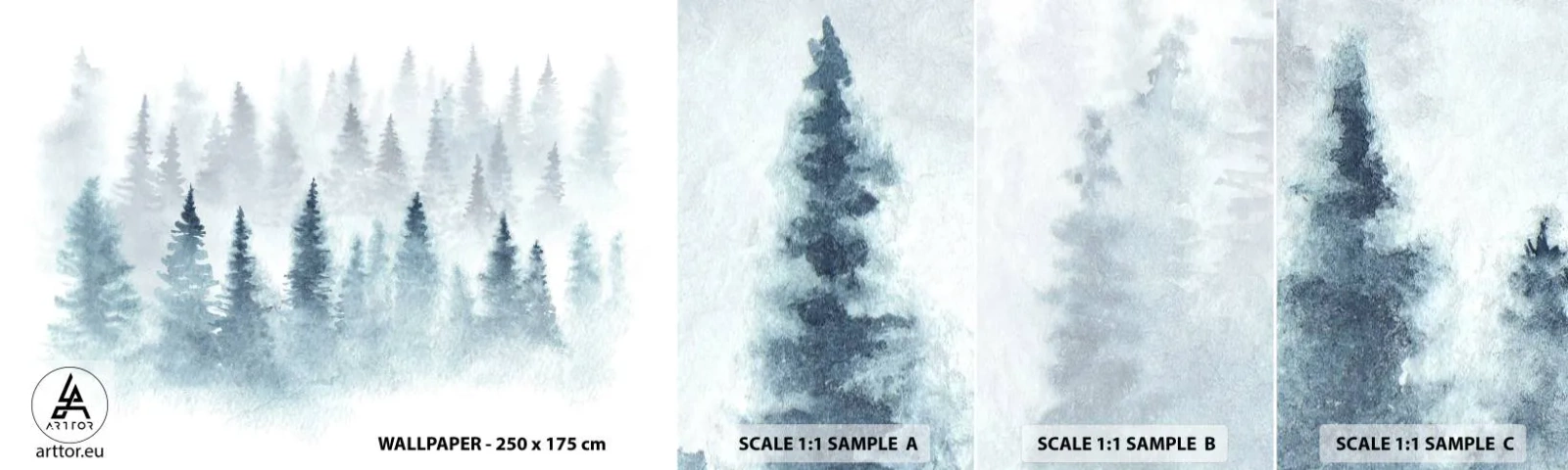 Échantillon de Papier Peint Autocollant Deluxe Sticker - Enveloppé de brouillard - Paysage, Forêt, Épicéa - 100x30 cm