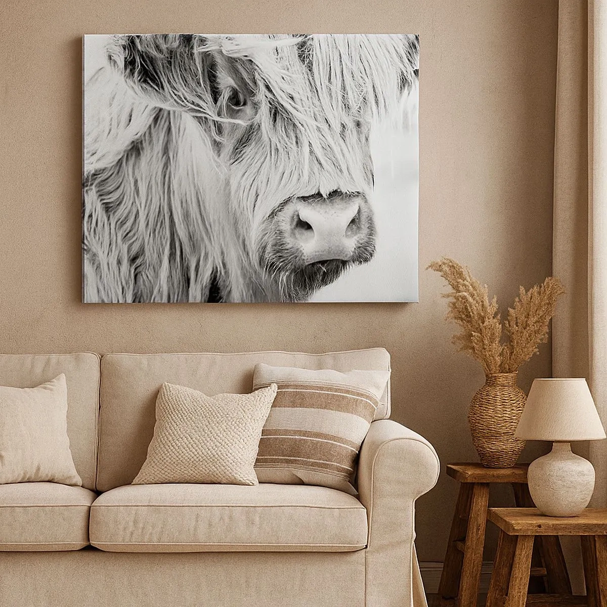 Impression sur toile - Image sur toile - Portrait d'une vache écossaise en noir et blanc - 70x50cm - Sauvagerie écossaise - Décoration murale moderne pour le salon et la chambre ARTTOR