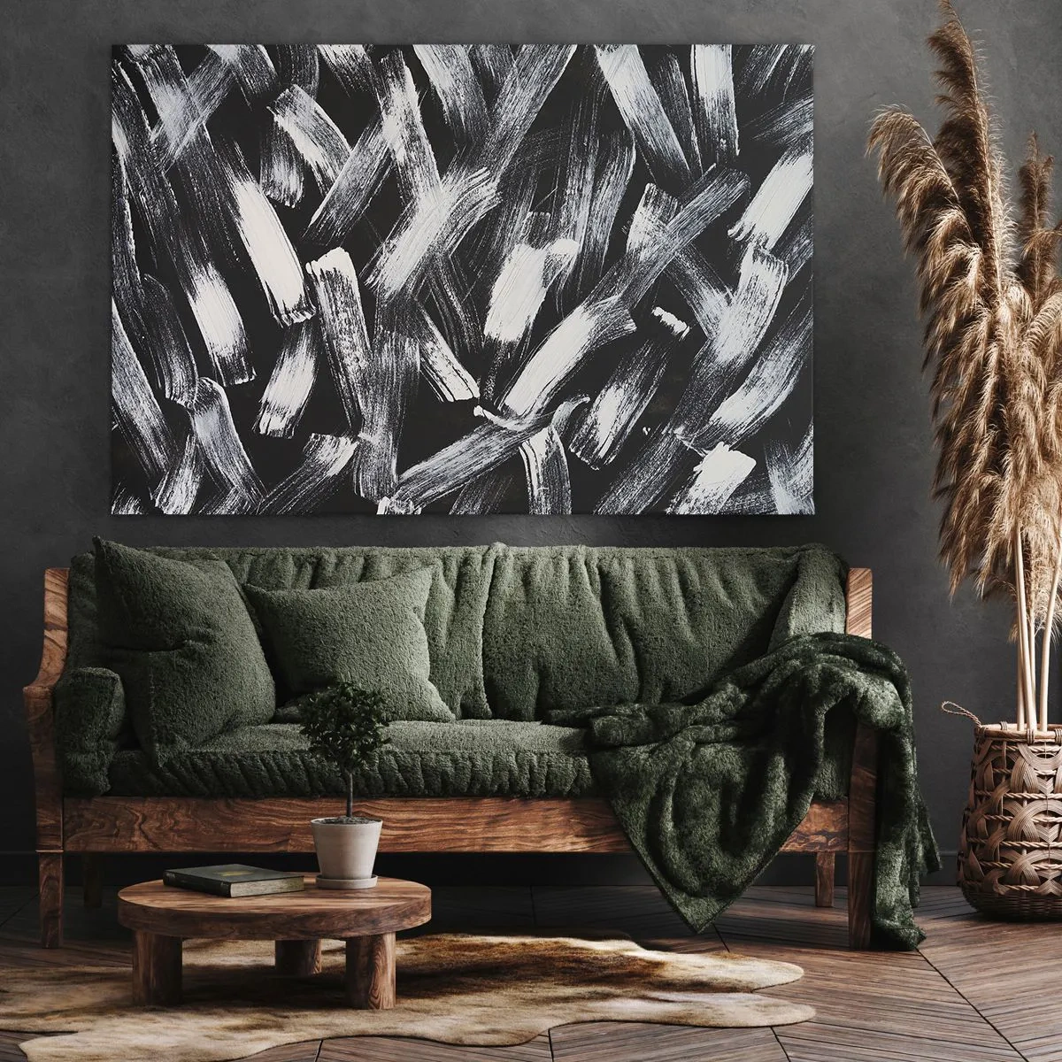 Impression sur toile - Image sur toile - Abstraction dynamique avec des coups de pinceau blancs sur fond noir. - 70x50cm - L'abstraction dans l'esprit industriel - Décoration murale moderne pour le salon et la chambre ARTTOR