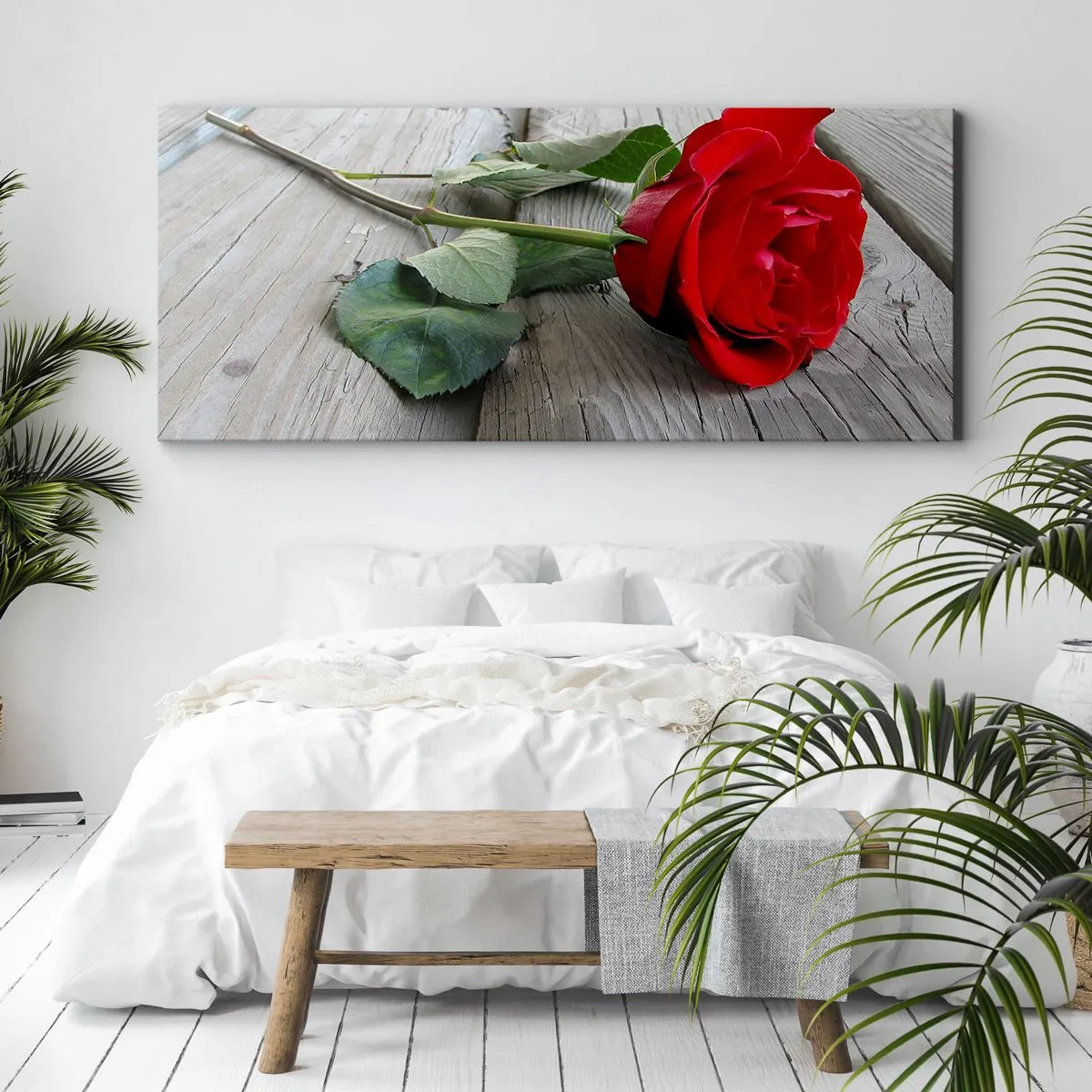 Impression sur toile - Image sur toile - Rose rouge sur fond de bois - 140x50cm - Étude écarlate - Décoration murale moderne pour le salon et la chambre ARTTOR