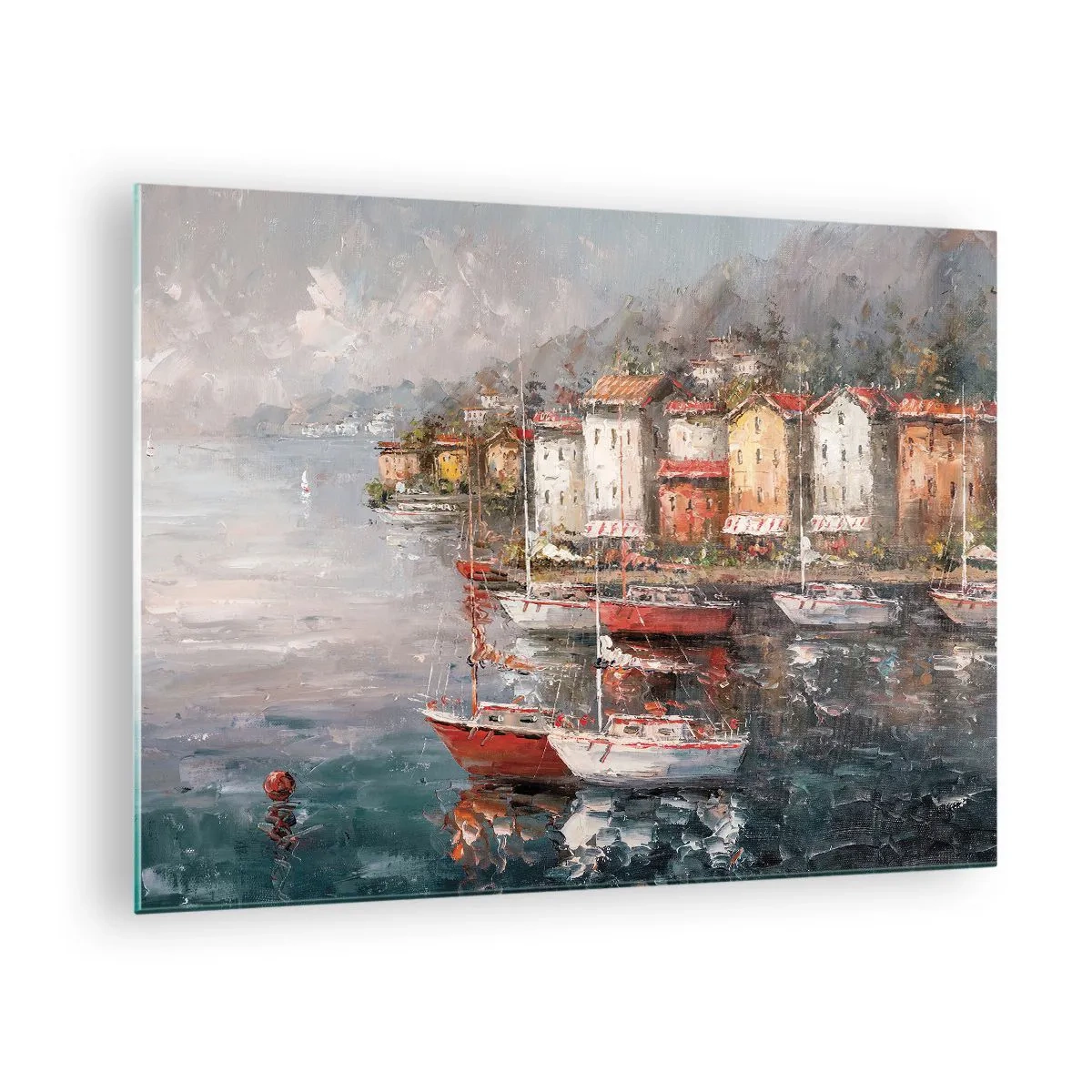 Impression sur verre - Image sur verre - Un port pittoresque avec des voiliers et des maisons colorées - 70x50cm - Havre romantique - Décoration murale moderne pour le salon et la chambre ARTTOR