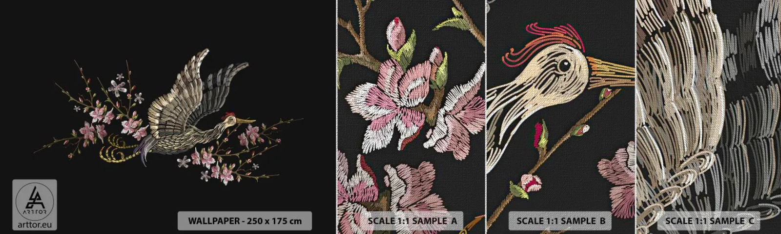 Échantillon de Papier Peint Premium Canvas - Oiseau brodé exotique - Oiseau, Graphique, Fleurs - 100x30 cm