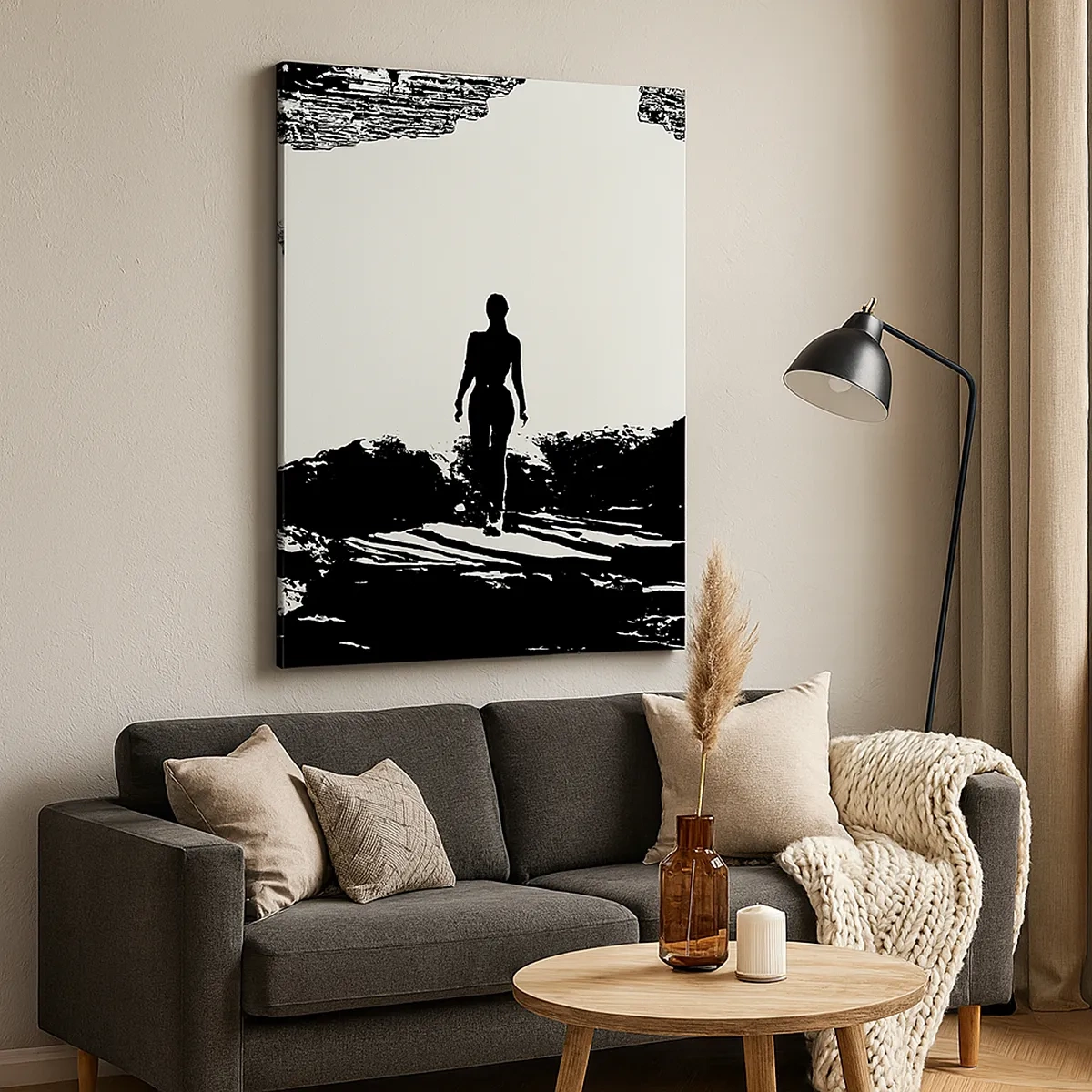Impression sur toile - Image sur toile - Silhouette noire et blanche d'une femme dans une grotte contre le ciel - 50x70cm - Nouveau look - Décoration murale moderne pour le salon et la chambre ARTTOR