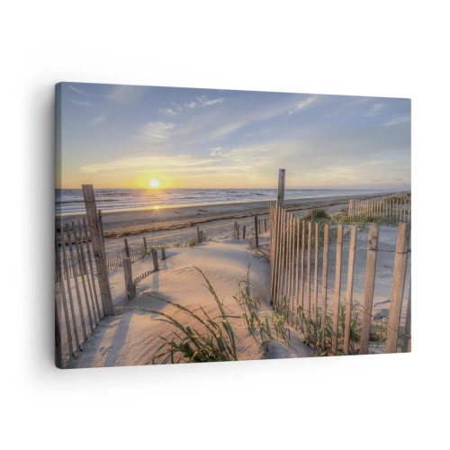 Impression sur toile - Image sur toile - Plage au coucher du soleil avec clôture en bois - 70x50cm - Ombre et brillance du vent - Décoration murale moderne pour le salon et la chambre ARTTOR