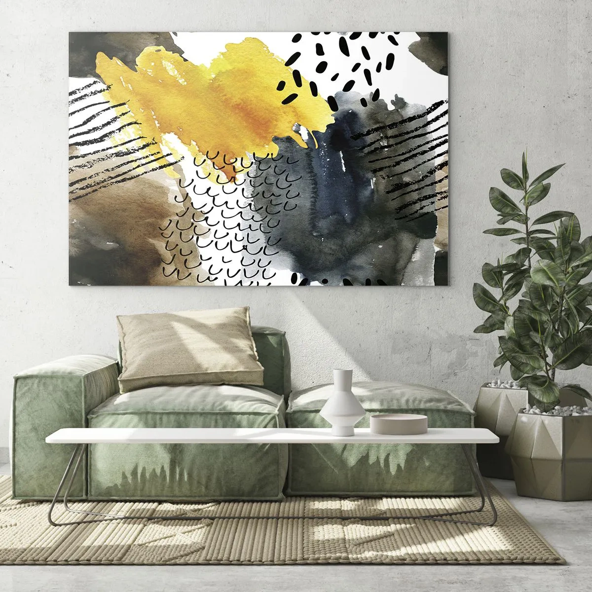 Impression sur verre - Image sur verre - Une composition abstraite avec des taches et des lignes aux couleurs terreuses. - 120x80cm - Rencontre des éléments - Décoration murale moderne pour le salon et la chambre ARTTOR