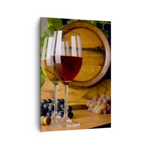 Impression sur toile - Image sur toile - Verres de vin avec des raisins, un tonneau et des bouteilles sur une table en bois - 70x100cm - Comme les vieux maîtres - Décoration murale moderne pour le salon et la chambre ARTTOR