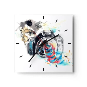Horloge murale - Pendule murale - Appareil photo aquarelle avec des détails colorés - 30x30cm - Dans l'oeil de l'objectif - Décoration murale moderne pour le salon et la chambre ARTTOR