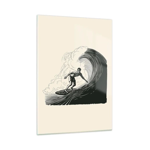 Impression sur verre - Image sur verre - Surfeur chevauchant une haute vague dans un style de dessin rétro - 50x70cm - Le roi de la vague - Décoration murale moderne pour le salon et la chambre ARTTOR