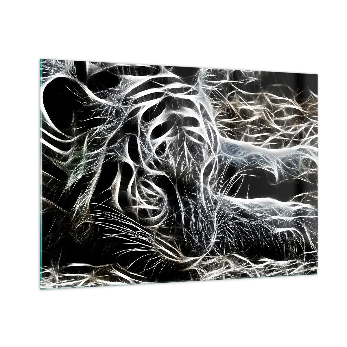 Impression sur verre - Image sur verre - Tigre abstrait en lignes lumineuses sur fond noir - 100x70cm - Une étude de la légèreté du chat - Décoration murale moderne pour le salon et la chambre ARTTOR