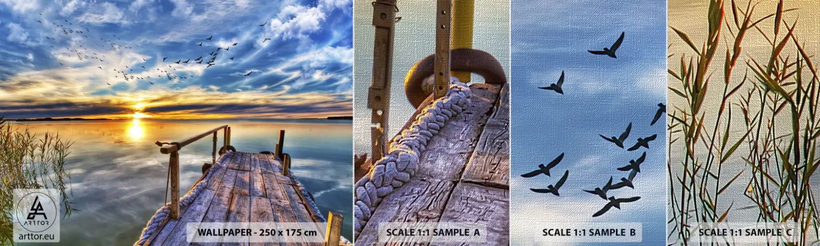 Échantillon de Papier Peint Premium Canvas - Le vent se repose - Paysage, Lac, Pont de bois - 100x30 cm